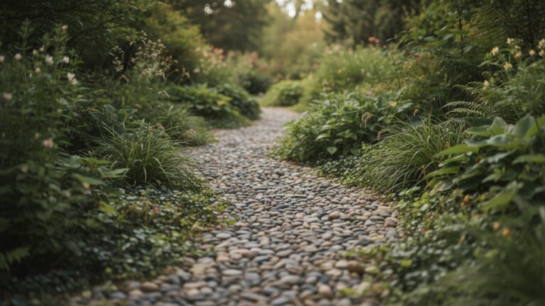 Allée de jardin décorée avec des galets ronds