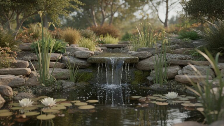 Bassin extérieur décoré avec pierres, plantes et cascade