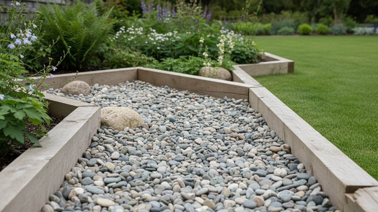 Bordure délimitant une allée de galets dans un jardin