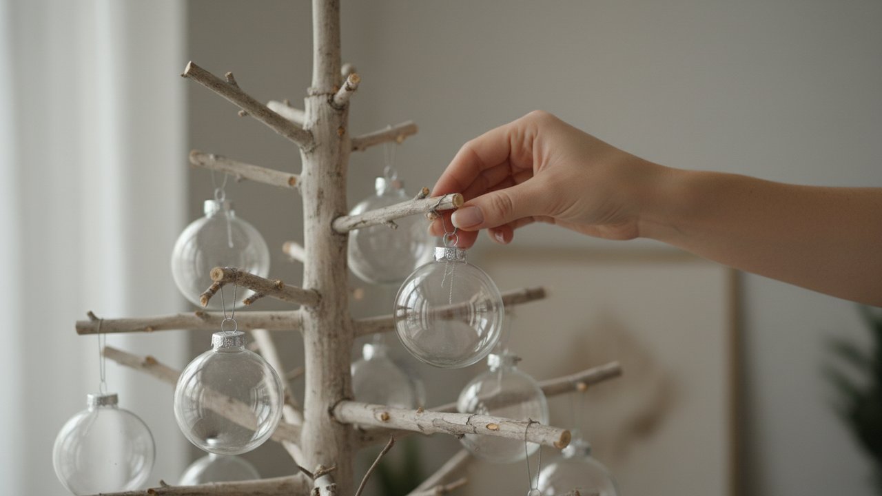 Accrochage de boules en verre sur un sapin en bois