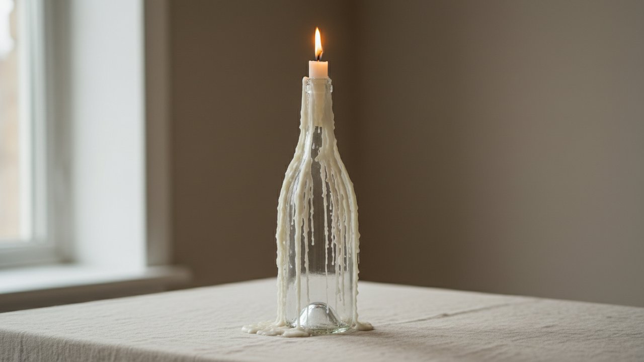 Bouteille de vin décorée avec de la cire coulée en bougeoir
