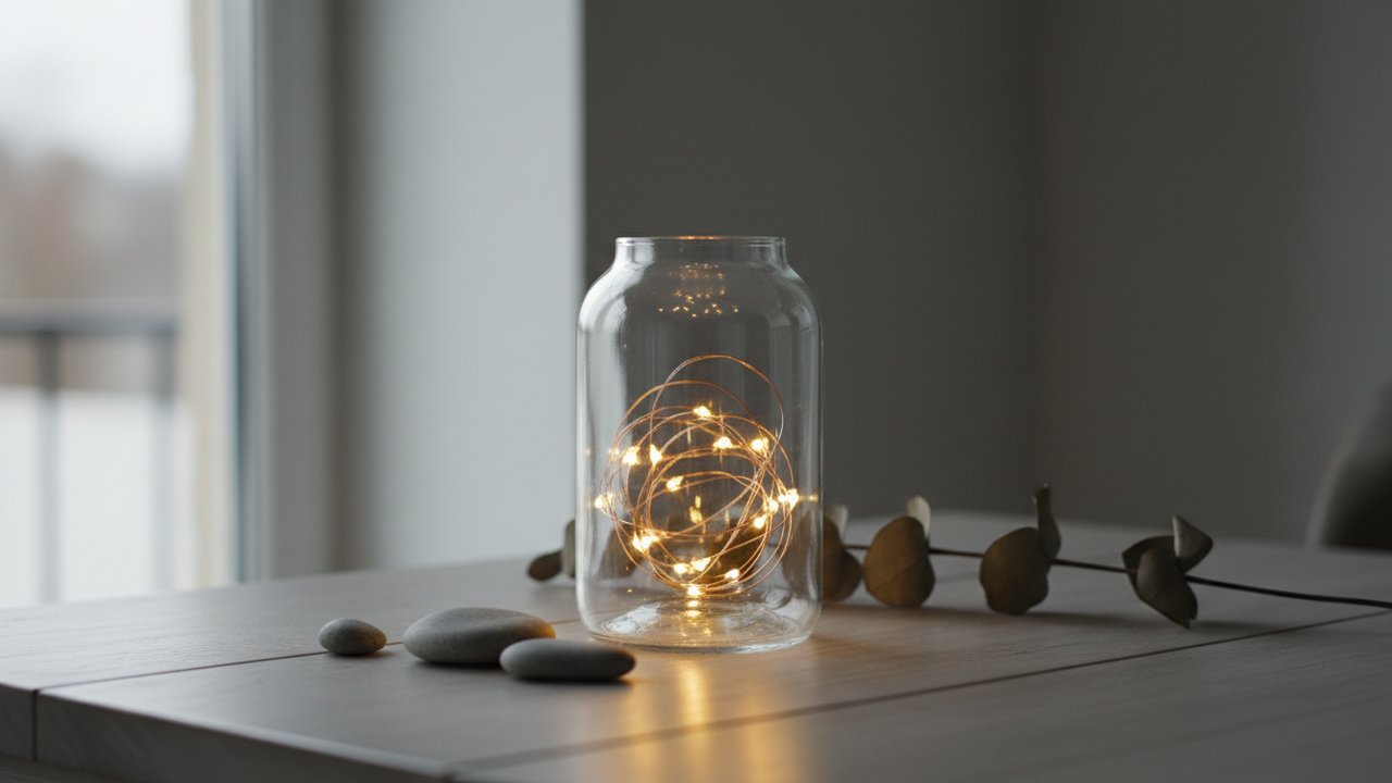 Bouteille de vin coupée transformée en photophore avec guirlande LED