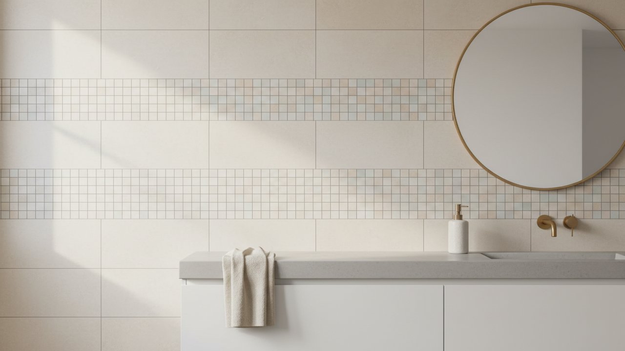Carrelage mural mêlant grands formats et mosaïque en salle de bain