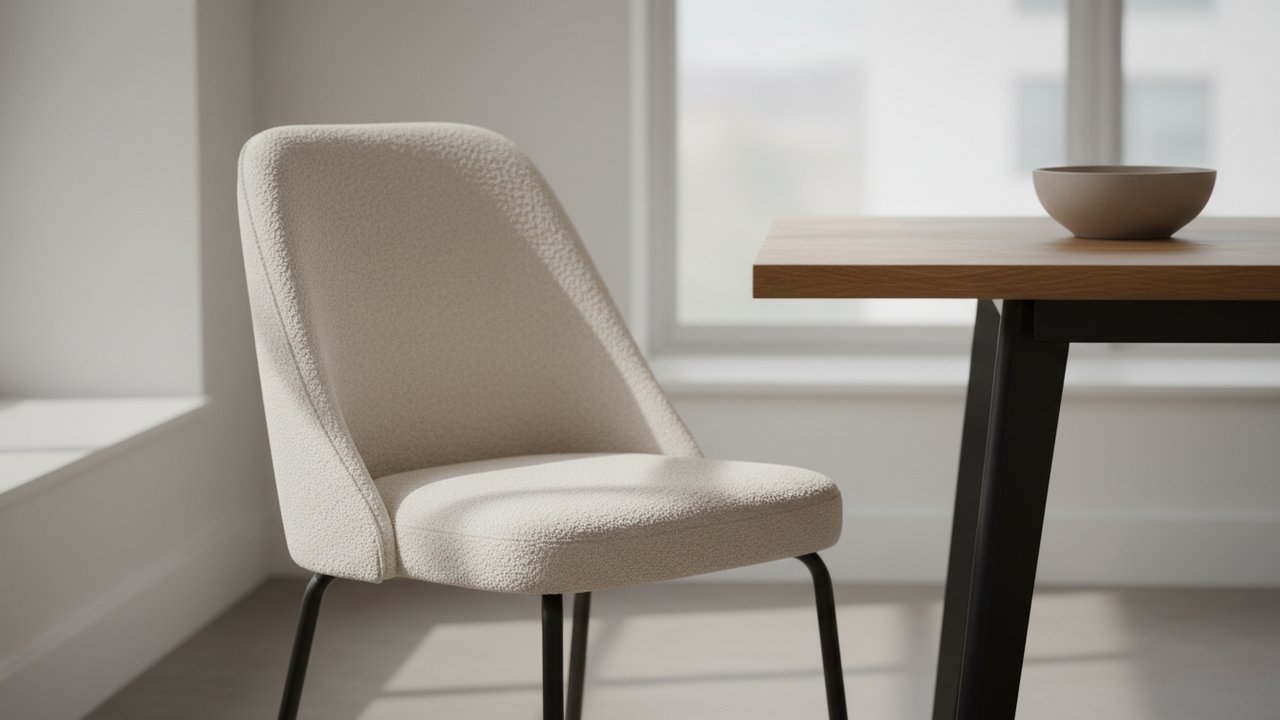 Chaise en bouclette et table en bois pour décorer la salle à manger
