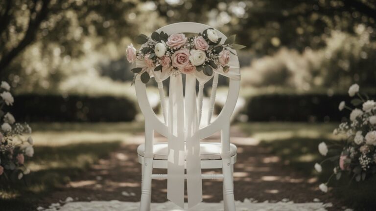 Décoration de chaise de mariage avec fleurs et ruban satin