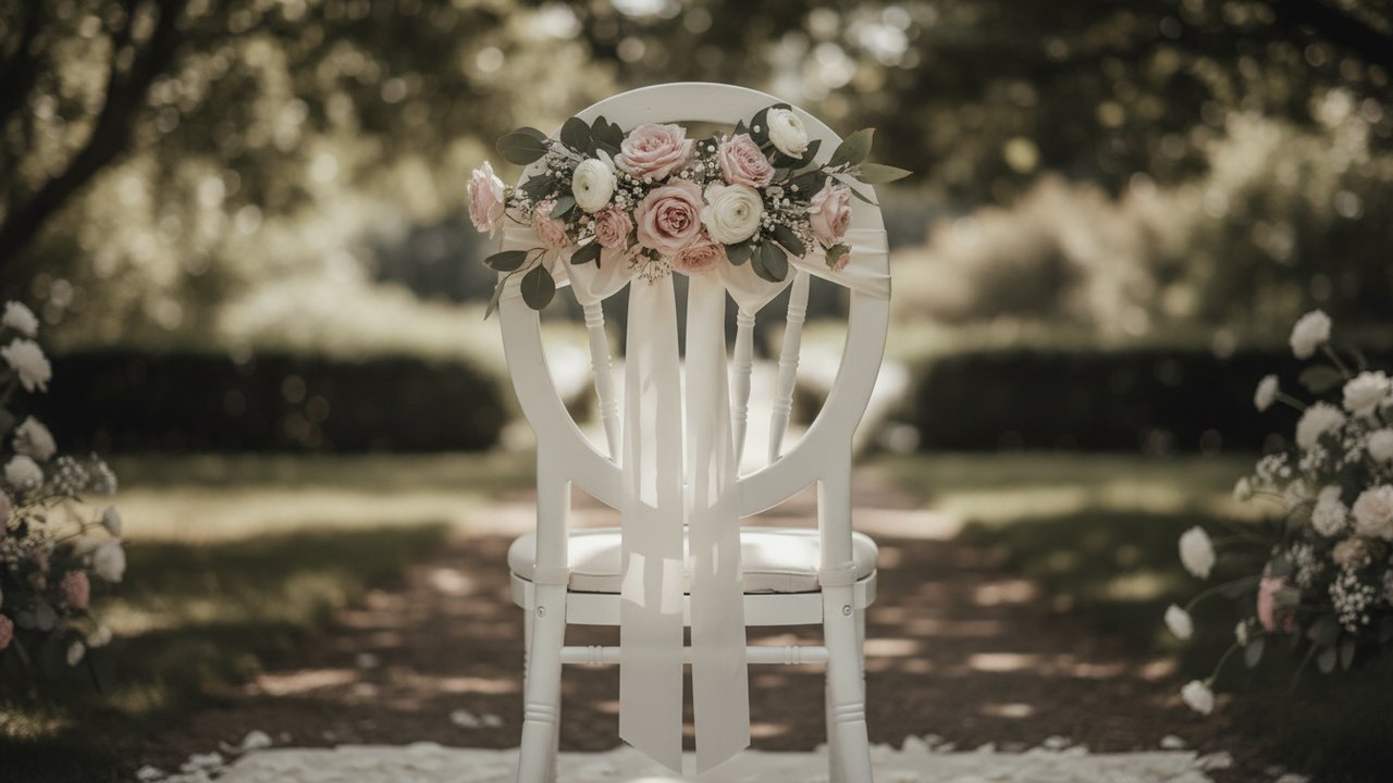 Décoration de chaise de mariage avec fleurs et ruban satin