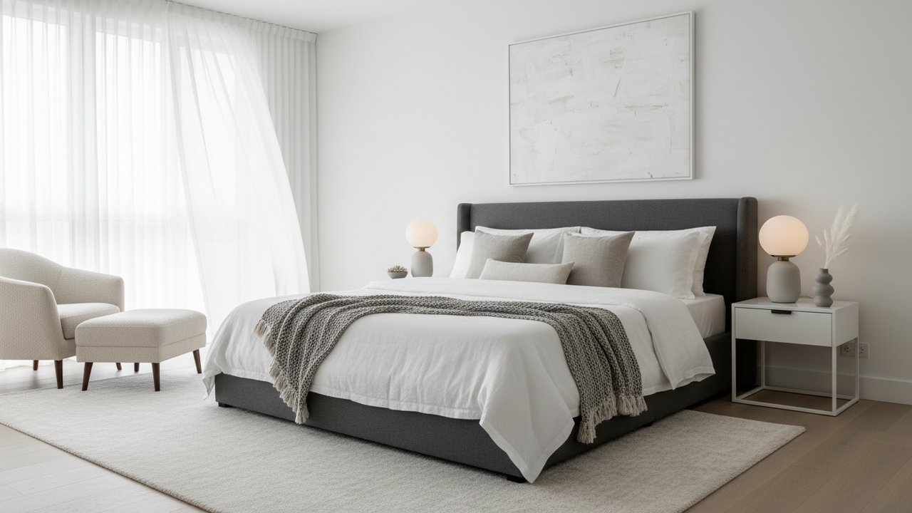 Chambre adulte blanche et grise, décoration épurée et apaisante