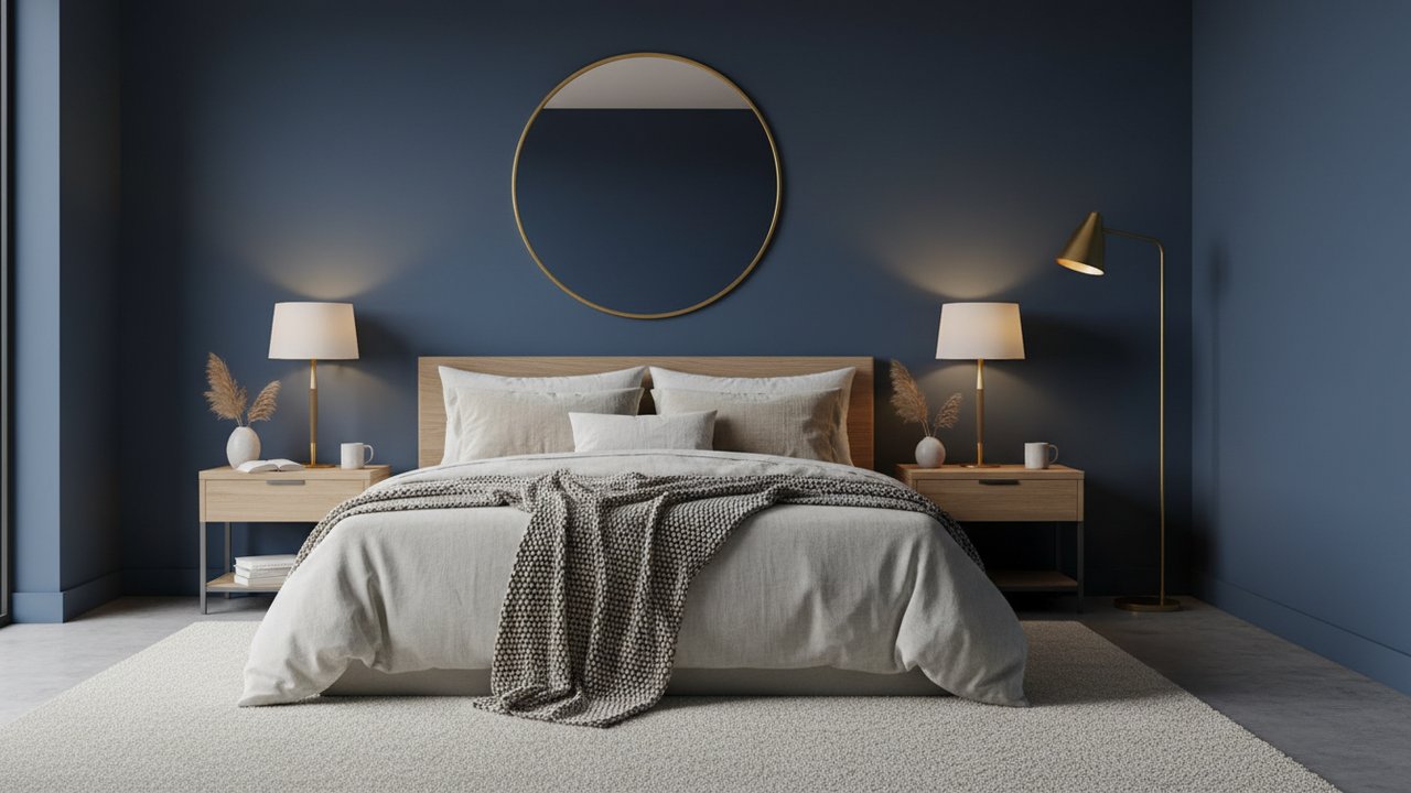 Chambre adulte avec peinture bleu nuit et accents dorés