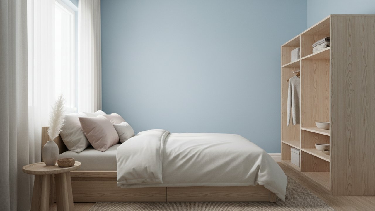 Petite chambre adulte peinte en bleu pastel apaisant