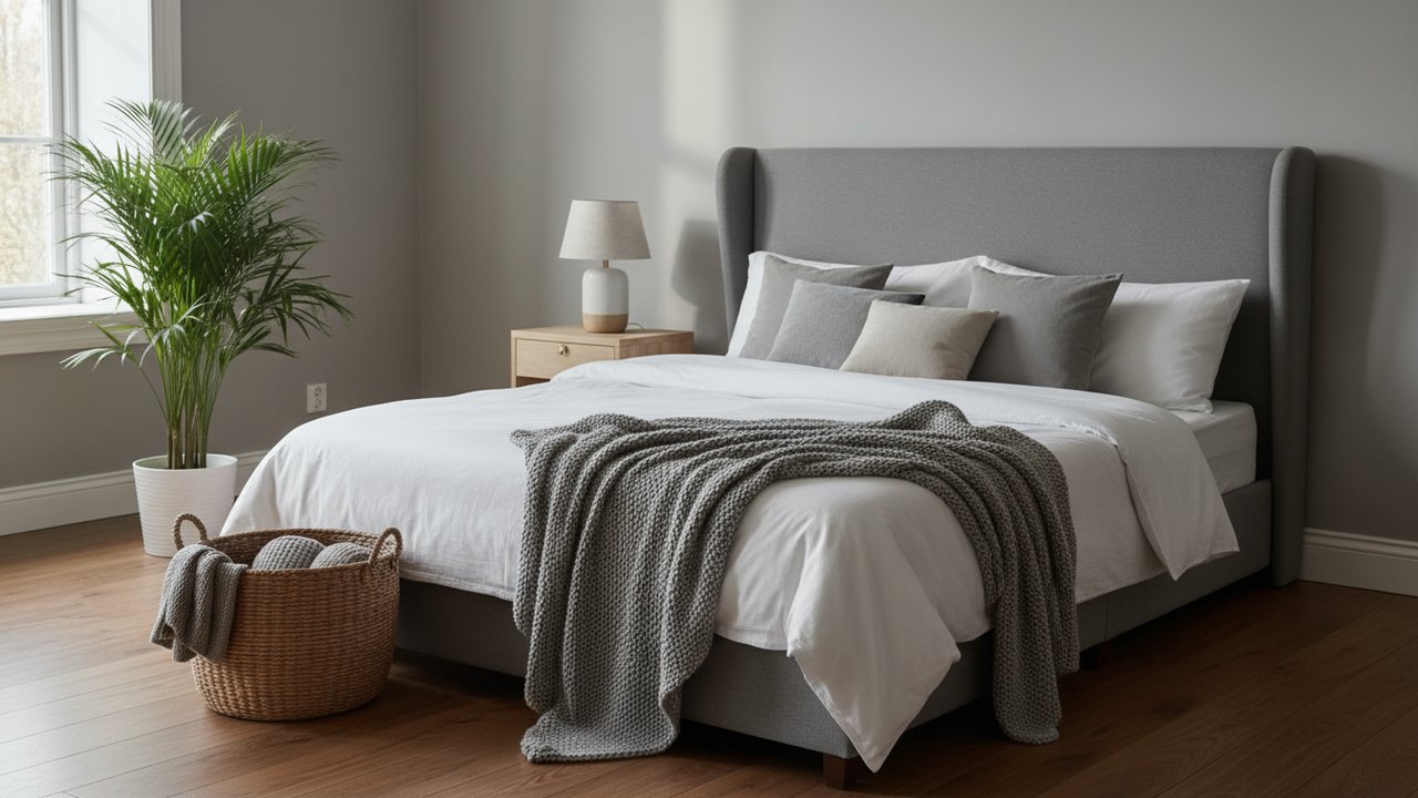 Chambre blanche et grise cocooning avec coussins et matières naturelles