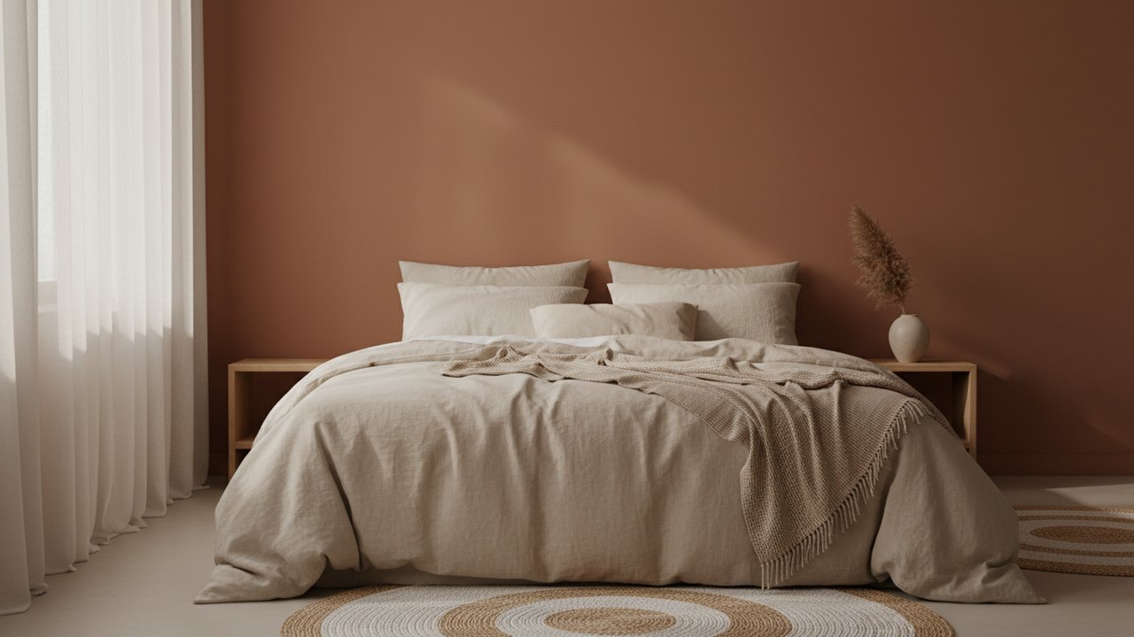 Chambre cocooning avec mur terracotta et literie beige crème