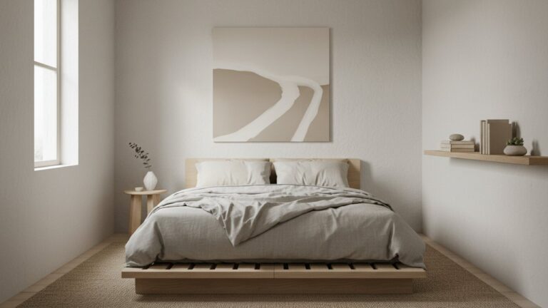 Décoration d'une petite chambre avec couleurs claires et mobilier épuré