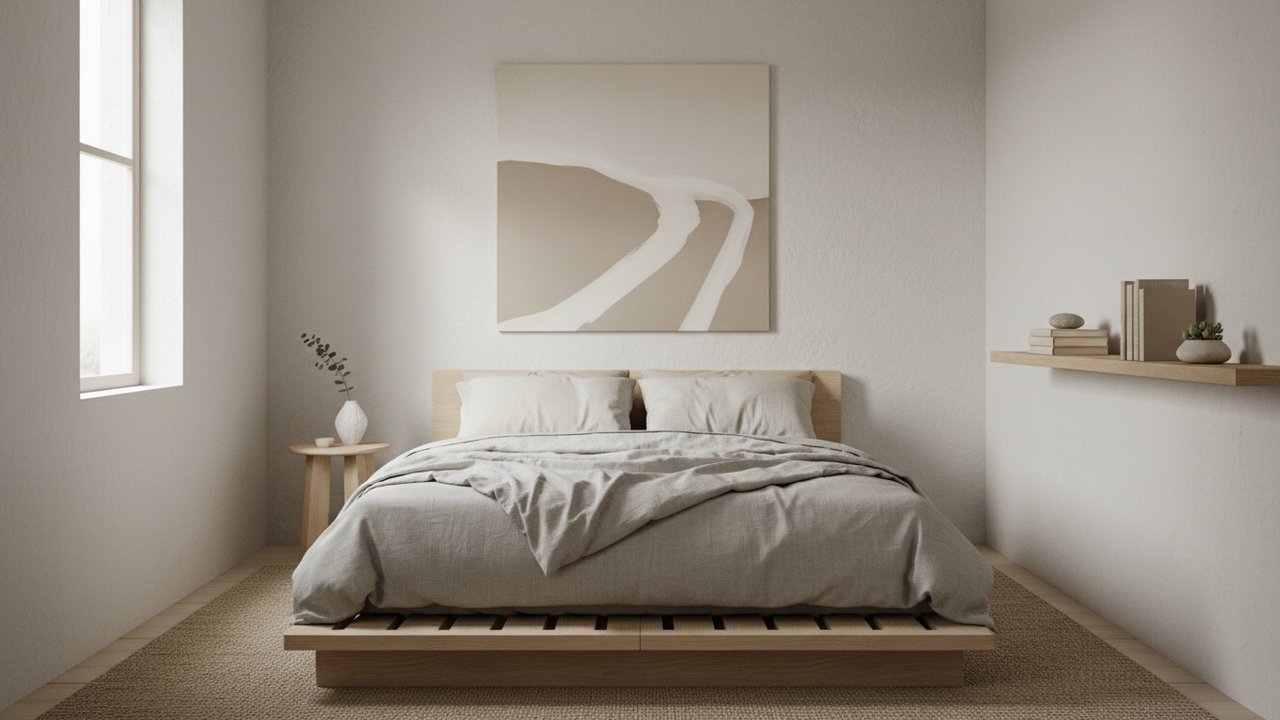 Décoration d'une petite chambre avec couleurs claires et mobilier épuré
