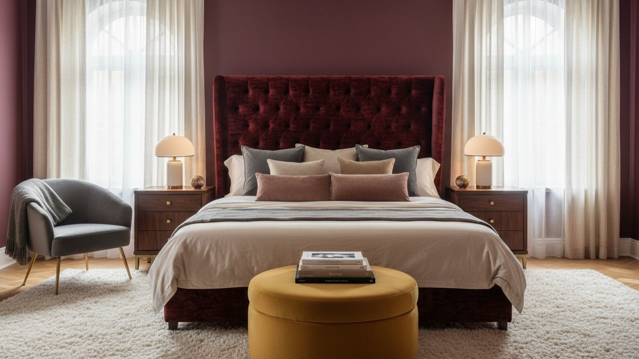 Chambre adulte style Retro Glam aux teintes bordeaux et velours