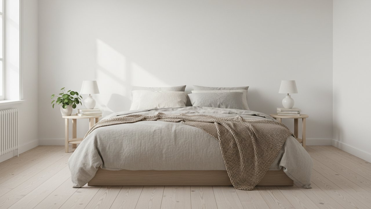 Chambre adulte style scandinave avec parquet clair et literie en lin