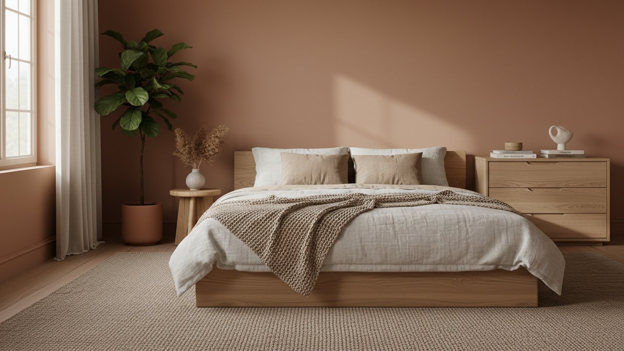 Chambre terracotta et bois à l'ambiance cocooning