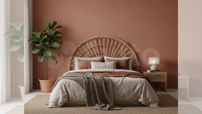 Chambre terracotta et rotin en style bohème chaleureux