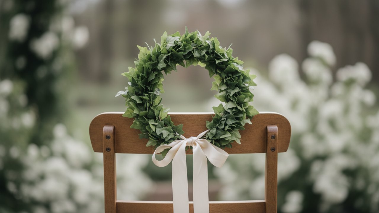 Couronne de lierre bohème accrochée au dossier d'une chaise de mariage