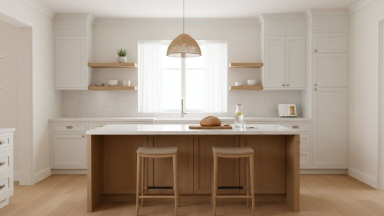 Cuisine blanc et bois avec armoires blanches et plan de travail en chêne