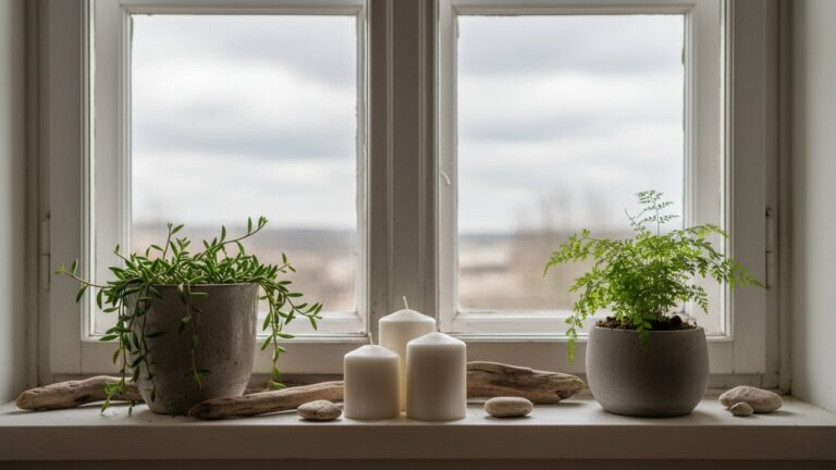 Rebord de fenêtre décoré avec plantes et bougies