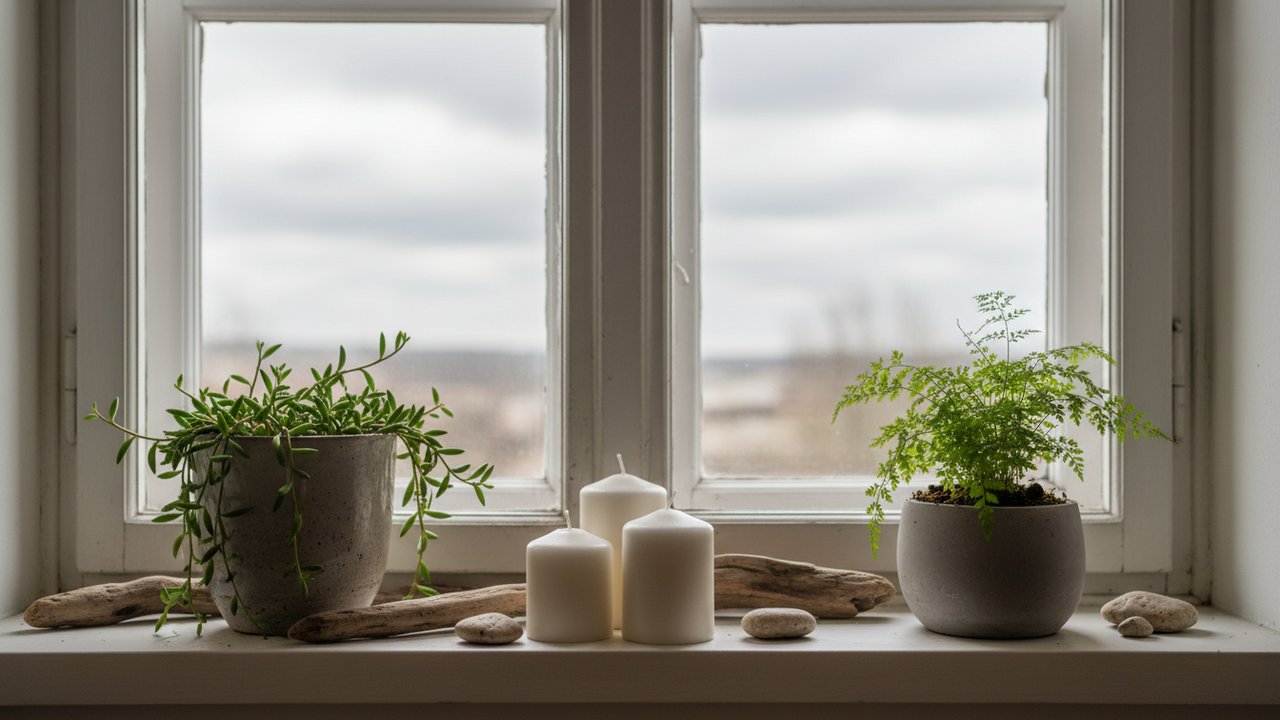 Rebord de fenêtre décoré avec plantes et bougies