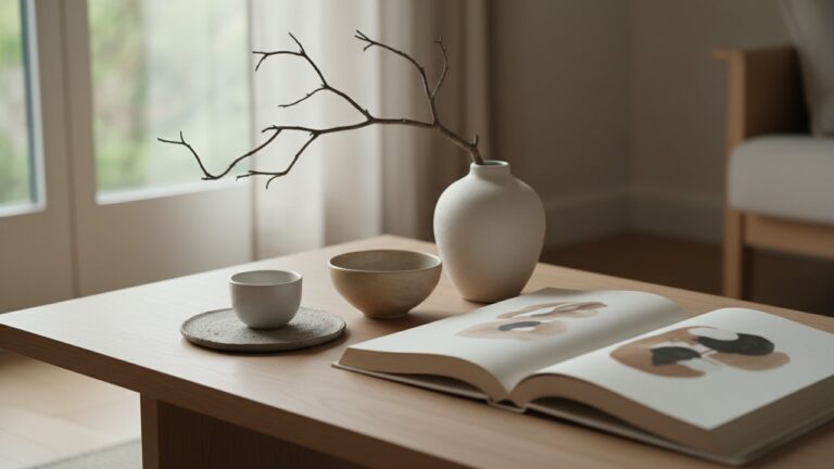 Table basse de salon décorée avec des objets en céramique et un livre