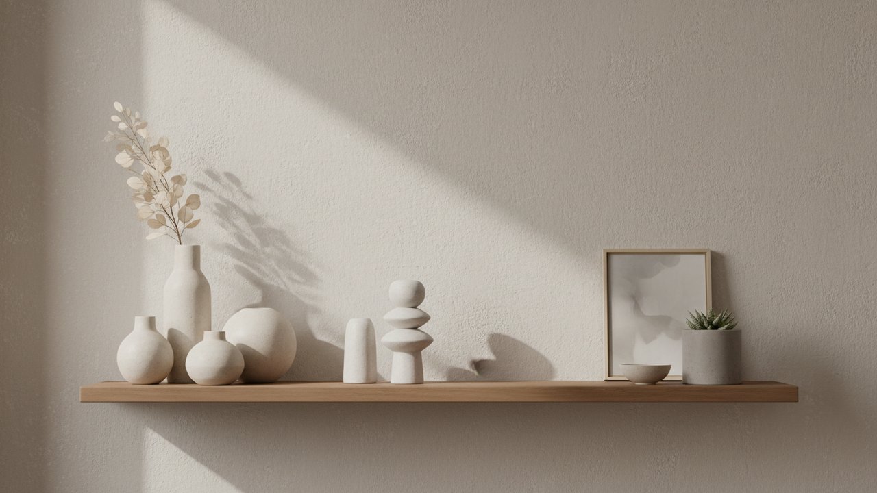 Disposition d'objets sur une étagère murale avec espaces vides