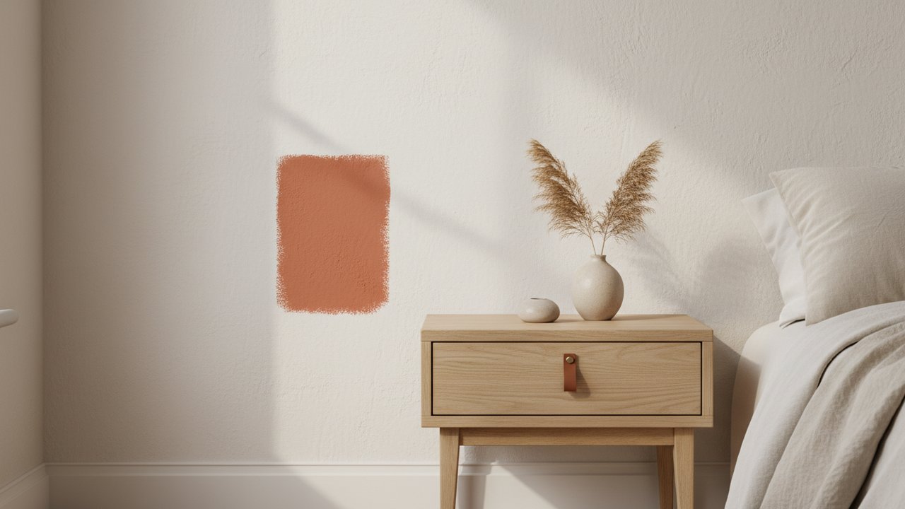Échantillon de peinture terracotta testé sur un mur de chambre