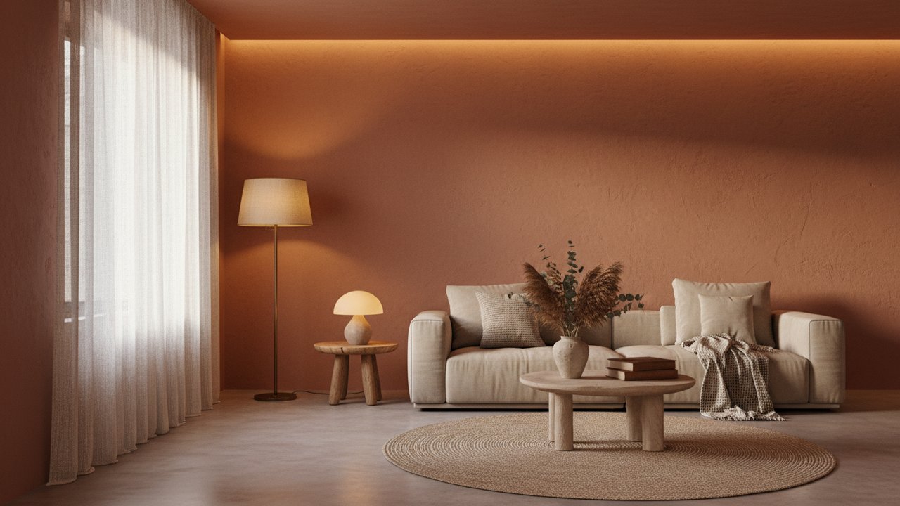 Sources de lumière variées dans un salon terracotta et bois