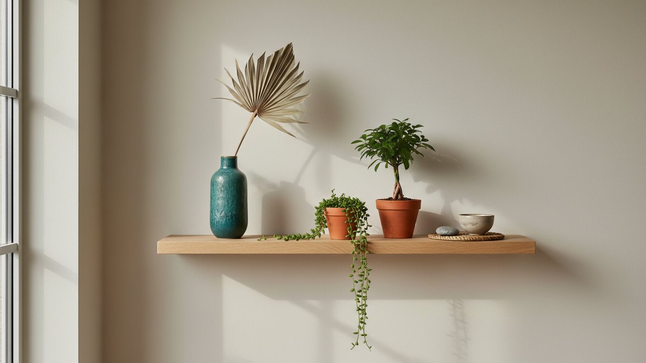 Étagère murale avec plantes, céramique et matières naturelles