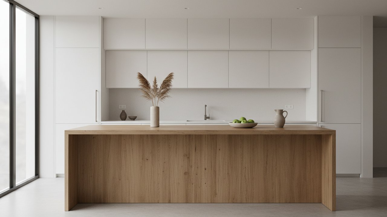 Cuisine bois et blanc avec façades mates et îlot en bois naturel