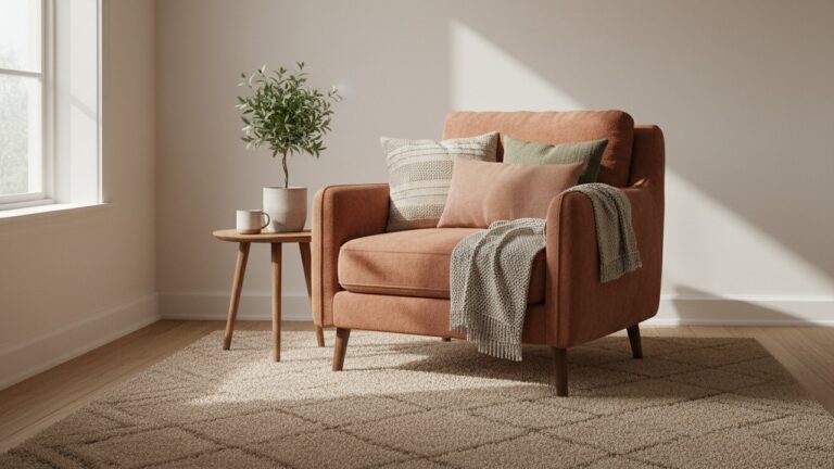 Salon chaleureux avec fauteuil terracotta et tapis beige