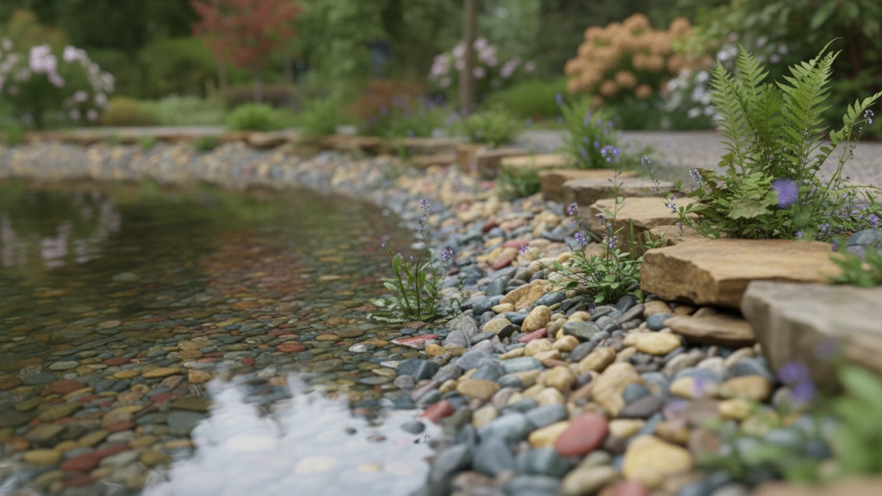 Galets et pierres naturelles en bordure d'un bassin extérieur
