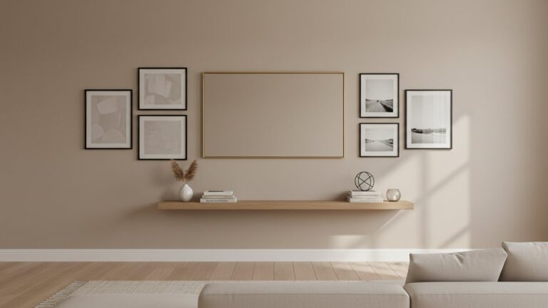 Décoration d'un grand mur de salon avec cadres et étagères