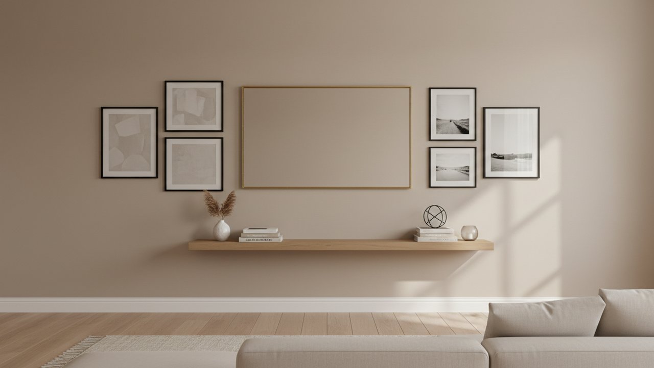 Décoration d'un grand mur de salon avec cadres et étagères