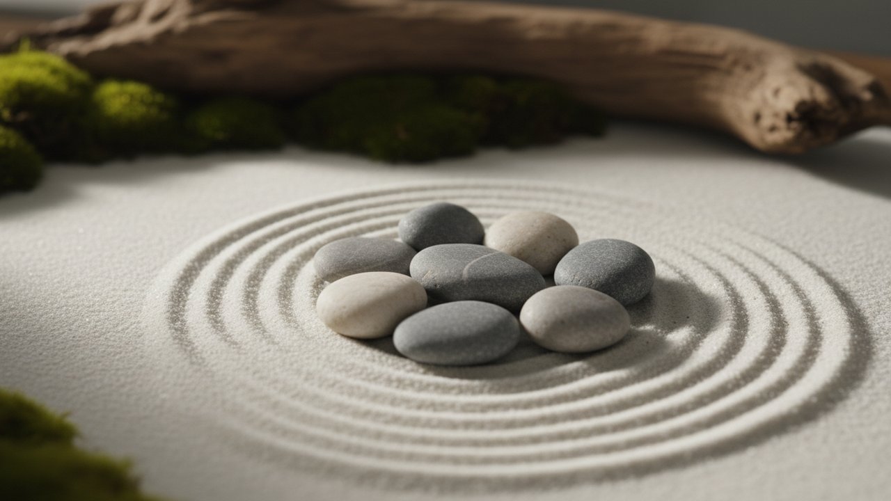 Jardin zen avec galets polis et sable blanc ratissé
