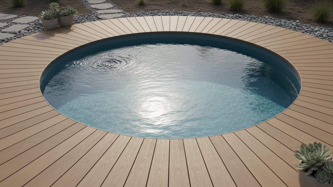 Revêtement en bois composite autour d'une piscine hors sol