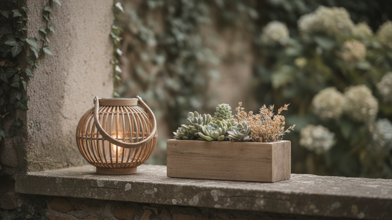 Rebord de fenêtre extérieur décoré avec lanterne et jardinière