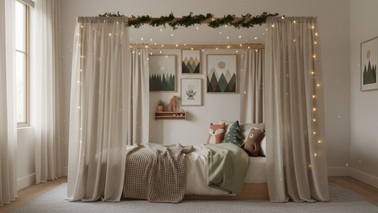 Lit cabane garçon décoré avec rideaux et guirlandes LED