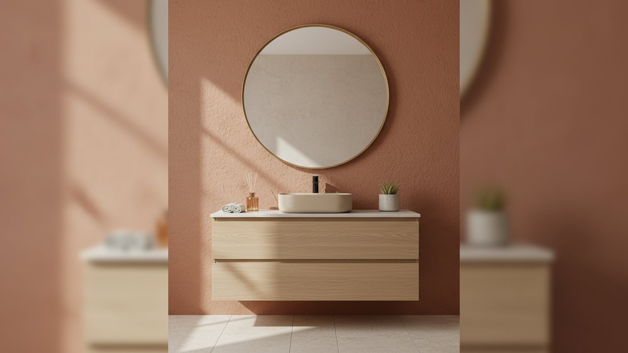 Meuble vasque en chêne clair devant un mur terracotta