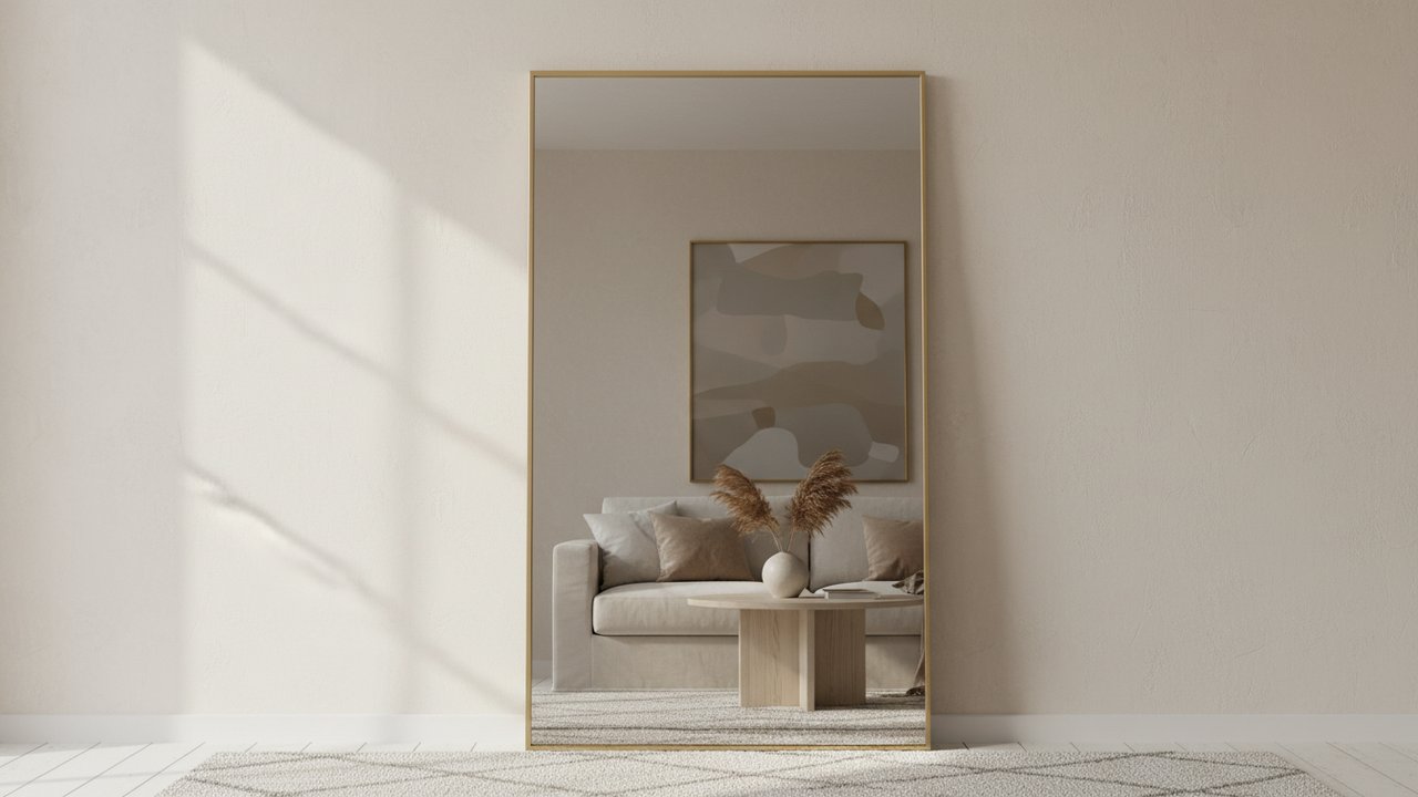 Grand miroir en pied dans un salon pour agrandir l'espace