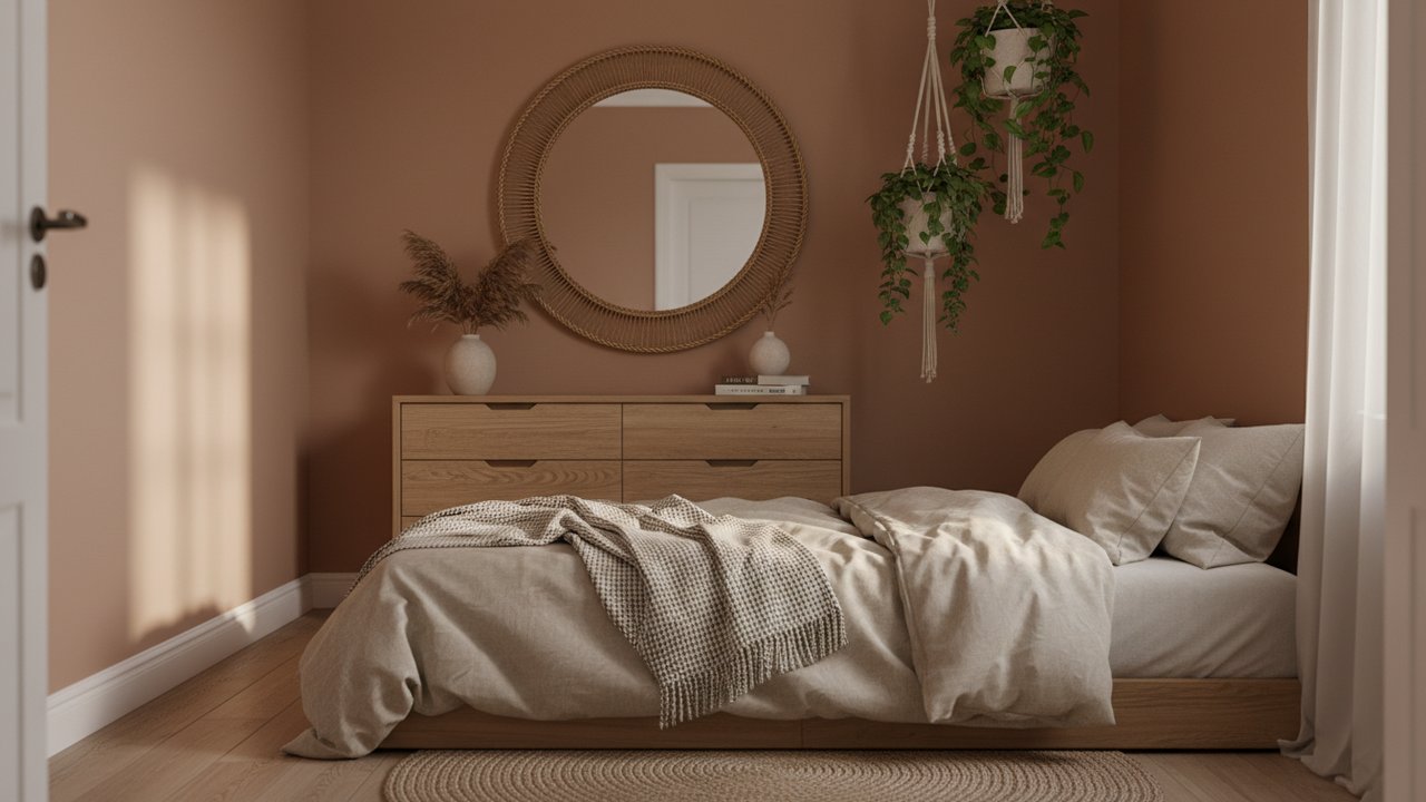 Miroir en rotin et paniers suspendus dans une chambre terracotta cosy