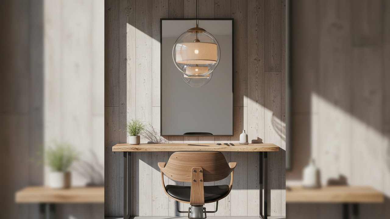 Luminaire décoratif et mobilier bois métal dans un salon de coiffure