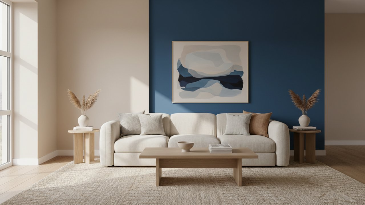 Mur d'accent bleu électrique derrière un canapé en salon