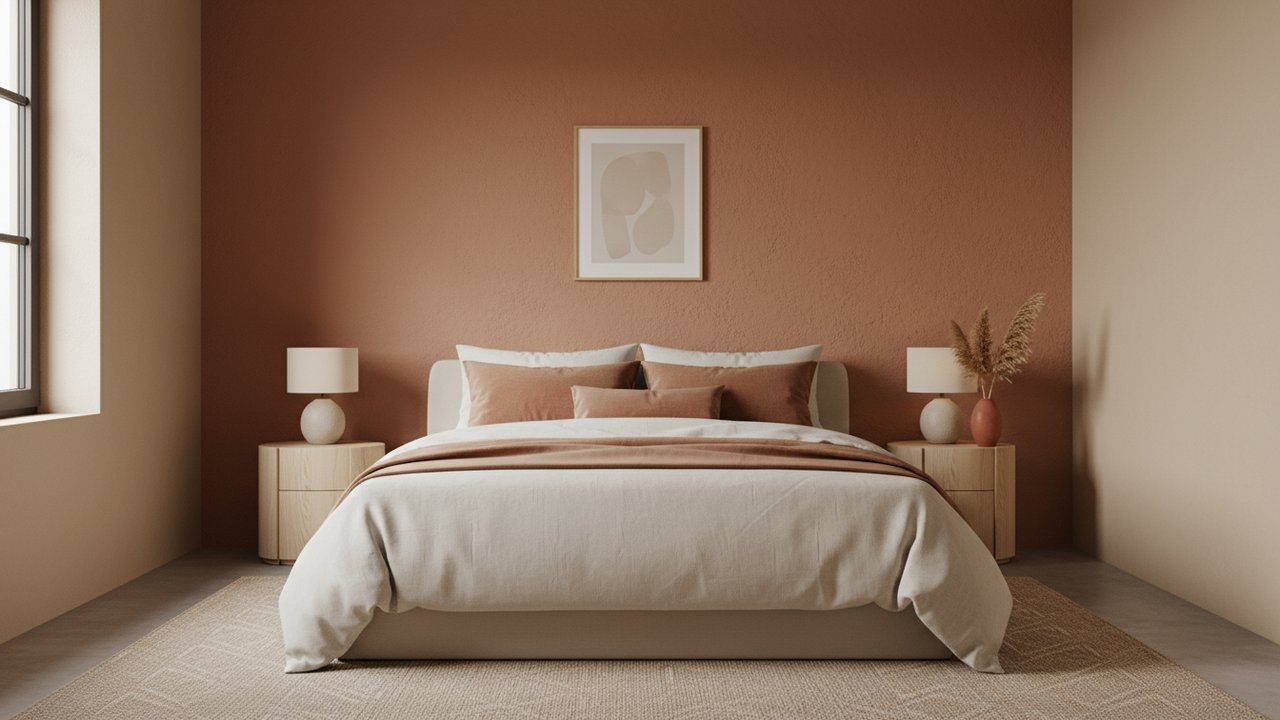 Dosage terracotta et beige dans une chambre avec mur accent