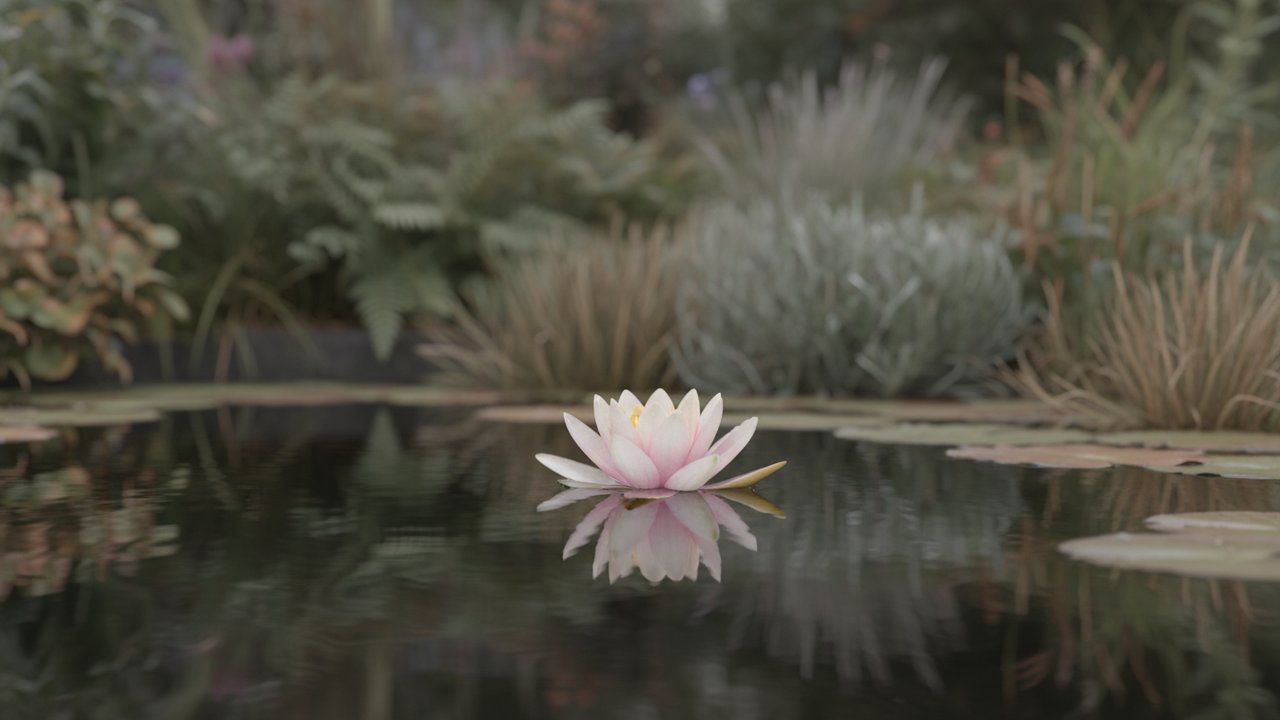 Nénuphars et plantes de berge autour d'un bassin extérieur