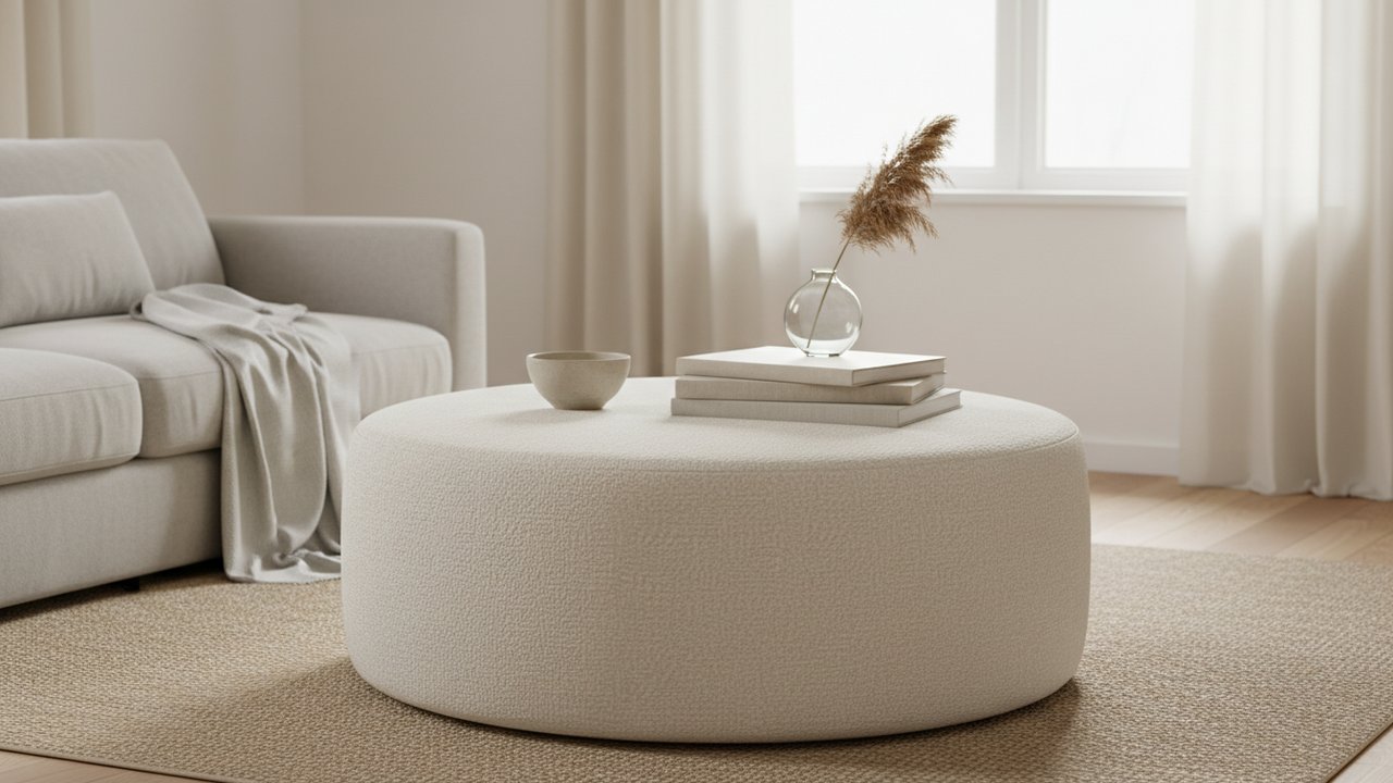 Ottoman rembourré utilisé comme table basse multifonctionnelle