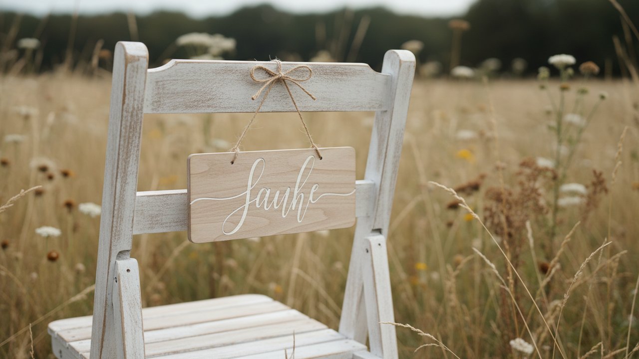 Pancarte en bois nominative sur une chaise de mariage champêtre