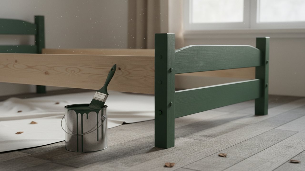 Peinture verte appliquée sur un lit cabane en bois