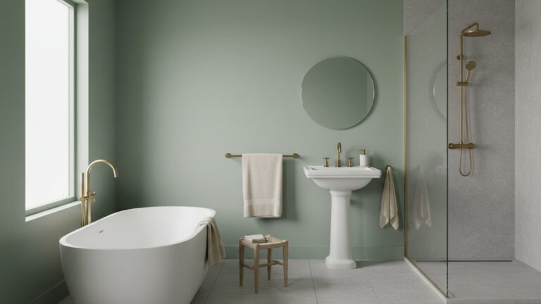 Couleur salle de bain en vert sauge avec robinetterie laiton